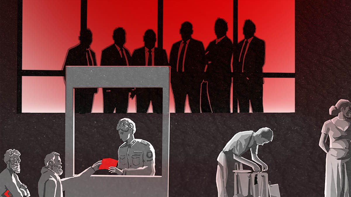 Illustration of silhouetted businessmen overlooking a line of workers.