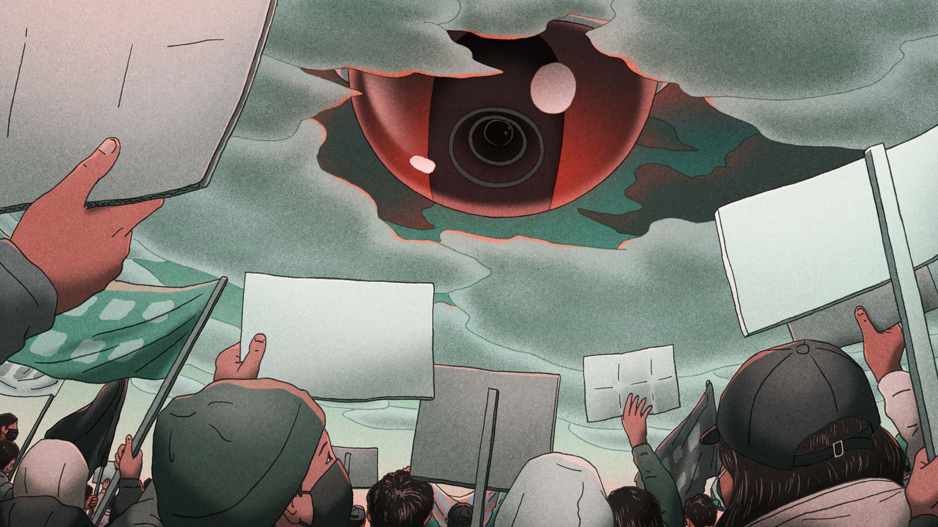 Illustration of people holding protest signs up at a giant surveillance camera peering through the clouds.