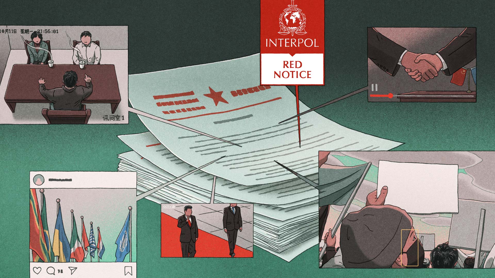 Illustration showing pile of documents and smaller inset frames of Xi Jinping, Interpol red notices, interrogations and the United Nations.